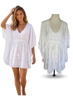 White Lace Paisley Kaftan Top Bathing Suit Cover-up One Size Fits All Drawstring
